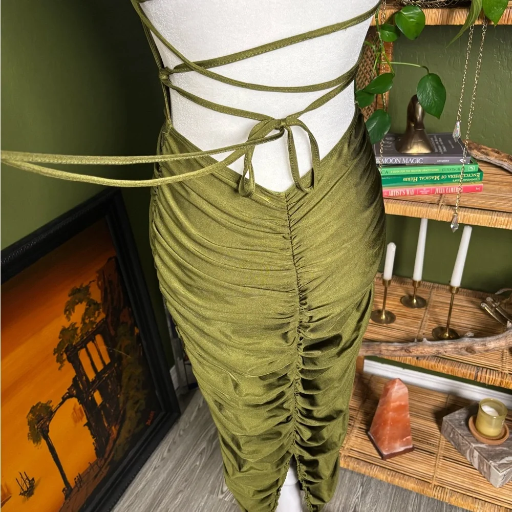 Olive Green Ruched Satin Slip Dress - Picture 4 of 4